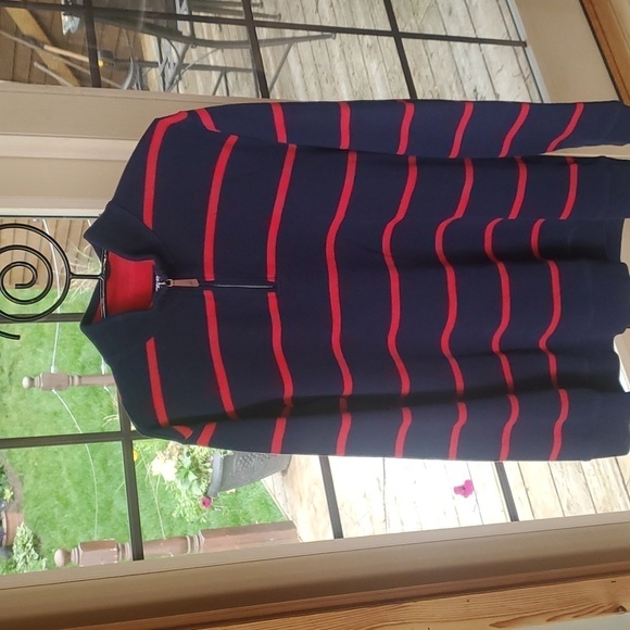 Lands' End 1/4 zip Blue & Red Striped Pullover Sz. L/T 42/44 Sweater - Picture 2 of 10